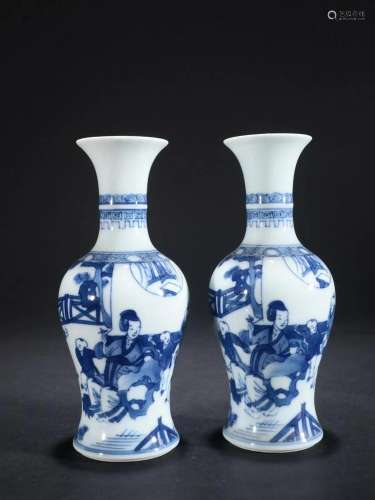 A Pair of Blue and White Character Story Vases