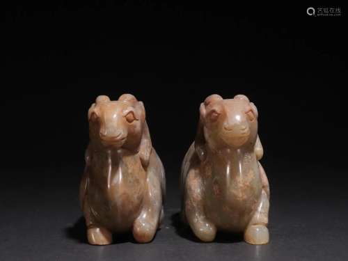 A Pair of Rare Carved Jade Sheep Ornaments