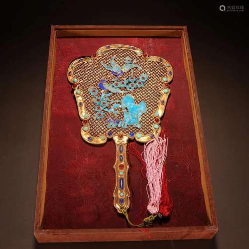 A Top and Rare Gilt-bronze Inlaid Gems Fan Ornament