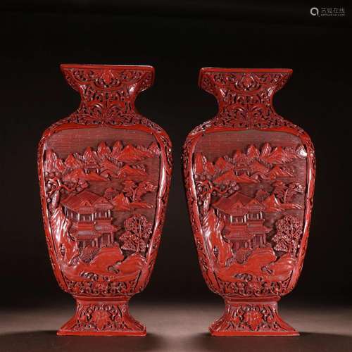 A Pair of Rare Cinnabar Lacquer 'Landscape' Bottles