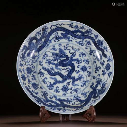 A Rare Blue and White Dragon Pattern Plate