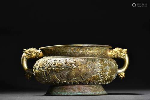 A Rare Gilt-Silver Dragon Ears Censer