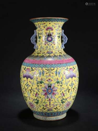 A Fine Yellow Ground Famille-rose Vase