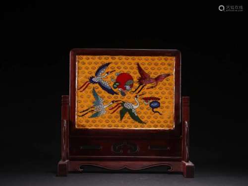 A Rare Red Wood Inlaid Gems and Marbled Table Screen
