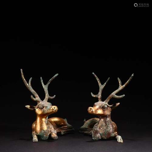 A Pair of Fine Gilt-bronze Deer Ornaments