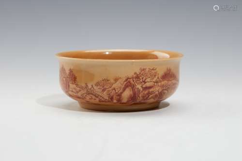 清乾隆米黄釉矾红山水人物纹扎古扎雅碗