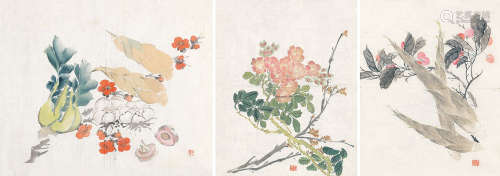1831～1906 沙馥  花卉蔬果三帧 设色纸本 纸片