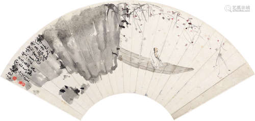 1904～1965 傅抱石  临流独坐图 设色纸本 扇框
