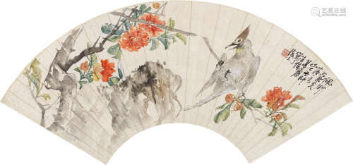 1826～1900 朱偁 1869年作 花鸟 设色纸本 扇框