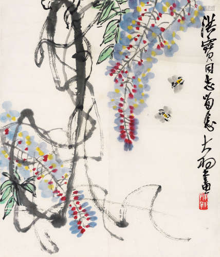 1912～2001 陈大羽  紫藤蜜蜂 设色纸本 镜片
