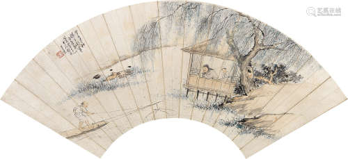 1794～1877 王素  观渔图 设色纸本 扇片
