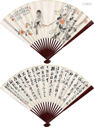 1866～1935*1862～1929 丁宝书*吴观岱  花卉鹦鹉、书法 设色纸本 成...