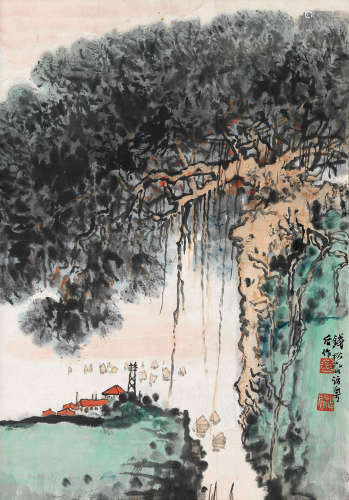 1899～1985 钱松嵒  榕谷新歌 设色纸本 镜框