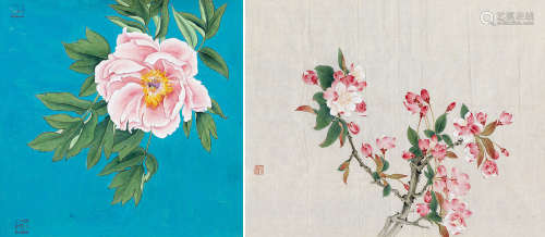 1915～1995 俞致贞 红海棠、牡丹 两帧 设色纸本 纸片 镜片