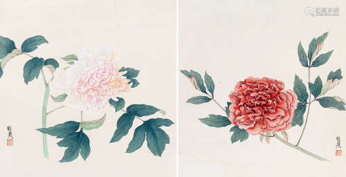 1915～1995 俞致贞 工笔牡丹 两帧 设色纸本 镜片