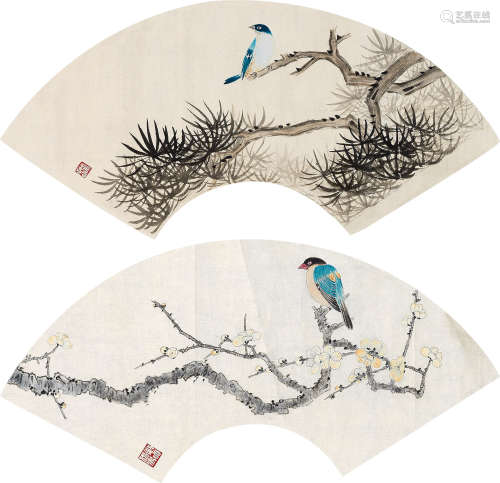 1915～1995 俞致贞 梅花小鸟、松枝小鸟 两帧 设色纸本 扇片