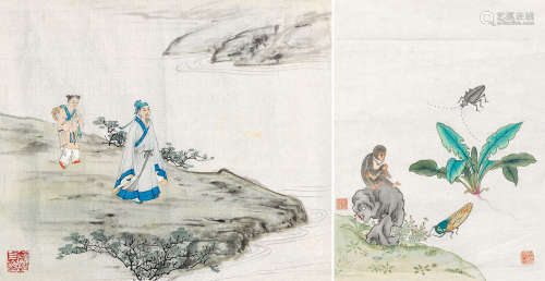 1915～1995 俞致贞 猴戏、高士 两帧 设色纸本 纸片