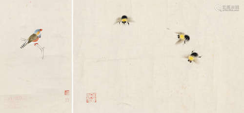 1915～1995 俞致贞 蜜蜂、小鸟 两帧 设色纸本 镜片