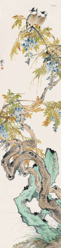1903～1963 江寒汀 紫藤小鸟 设色纸本 立轴