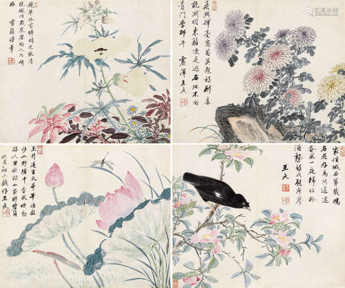 1632～1690 王武 花鸟四帧 设色纸本 镜片