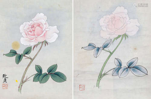1915～1995 俞致贞 月季 两帧 设色纸本 镜片