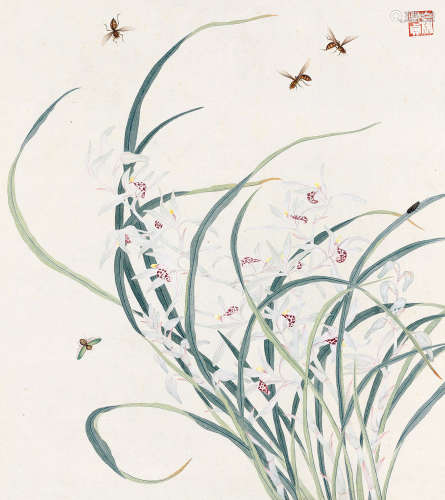 1915～1995 俞致贞 兰花蜜蜂 设色纸本 镜片