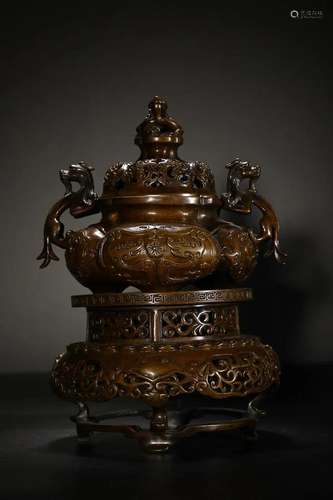 CHINESE BRONZE BEAST-HANDLED CENSER DEPICTING 'DRAGON...