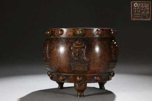 CHINESE INSCRIBED BRONZE CENSER ON THREE LEGS, 'LING PIN...