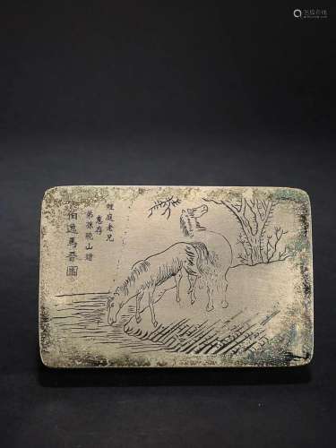 CHINESE INSCRIBED BRONZE INKSTONE TRAY DEPICTING 'HORSE&...