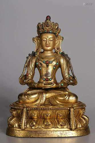 CHINESE MIXED GEMSTONES-INLAID GILT-BRONZE FIGURE OF AMITABH...