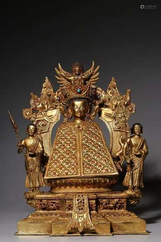 CHINESE MIXED GEMSTONES-INLAID GILT-BRONZE FIGURE OF BUDDHA