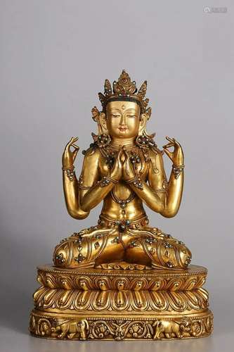 CHINESE MIXED GEMSTONES-INLAID GILT-BRONZE FIGURE OF GUANYIN