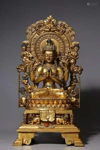 CHINESE MIXED GEMSTONES-INLAID GILT-BRONZE FIGURE OF GUANYIN