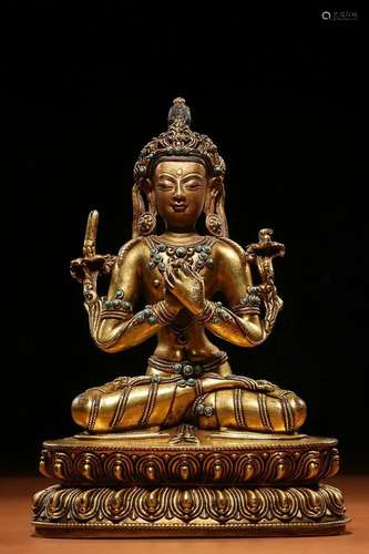 CHINESE MIXED GEMSTONES-INLAID GILT-BRONZE FIGURE OF MANJUSR...