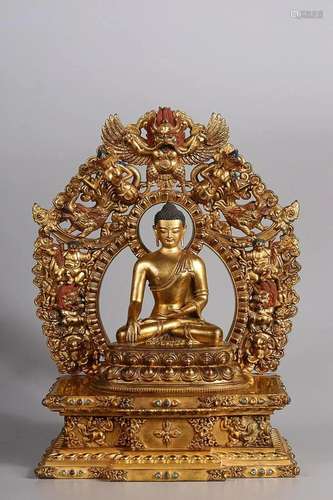 CHINESE MIXED GEMSTONES-INLAID GILT-BRONZE FIGURE OF SAKYAMU...