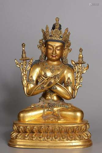 CHINESE MIXED GEMSTONES-INLAID GILT-BRONZE FIGURE OF VAJRA