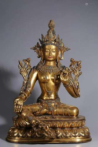 CHINESE TURQUOISE STONE-INLAID GILT-BRONZE FIGURE OF TARA