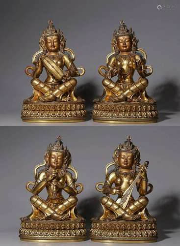 FOUR CHINESE MIXED GEMSTONES-INLAID GILT-BRONZE FIGURES