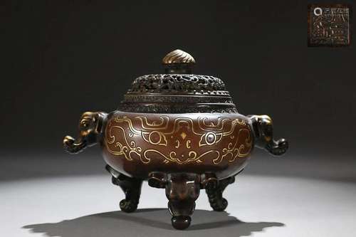 CHINESE PARCEL-GILT-BRONZE ELEHANT-HANDLED INCENSE BURNER DE...