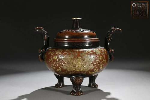 CHINESE PARCEL-GILT-BRONZE HANDLED INCENSE BURNER DEPICTING ...