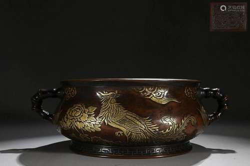 CHINESE PARCEL-GILT-BRONZE BAMBOO-HANDLED CENSER DEPICTING &...