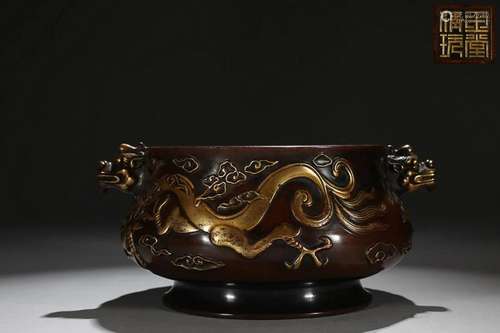 CHINESE PARCEL-GILT-BRONZE BEAST-HANDLED CENSER DEPICTING &#...