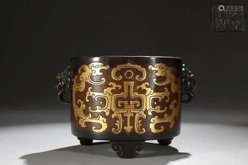 CHINESE PARCEL-GILT-BRONZE BEAST-HANDLED CENSER DEPICTING &#...