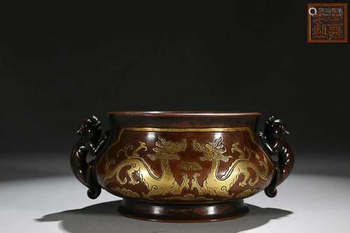 CHINESE PARCEL-GILT-BRONZE CHI-DRAGON-HANDLED CENSER DEPICTI...