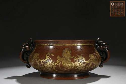 CHINESE PARCEL-GILT-BRONZE DRAGON-HANDLED CENSER DEPICTING &...