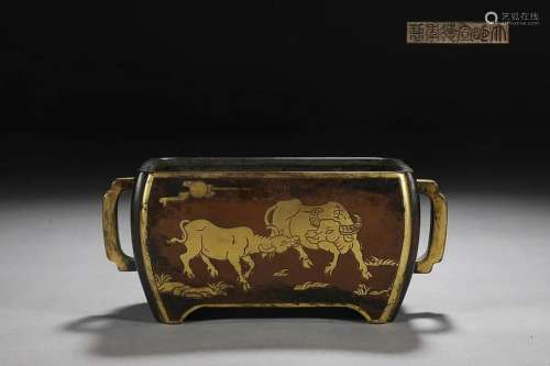 CHINESE PARCEL-GILT-BRONZE HANDLED CENSER DEPICTING 'OX&...