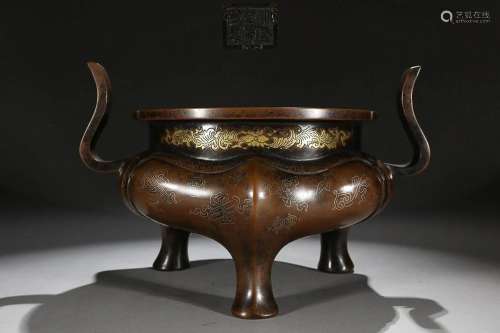 CHINESE GOLD AND SILVER-BRONZE HANDLED CENSER DEPICTING '...