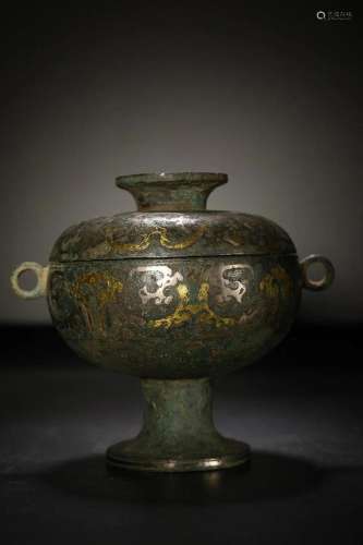 CHINESE GOLD AND SILVER-INLAID BRONZE HANDLED VESSEL ON HIGH...