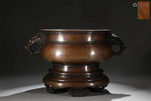 CHINESE SILVER-INLAID BRONZE ELEPHANT-HANDLED CENSER DEPICTI...