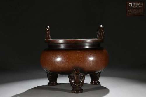 CHINESE SILVER-INLAID BRONZE HANDLED CENSER DEPICTING 'K...